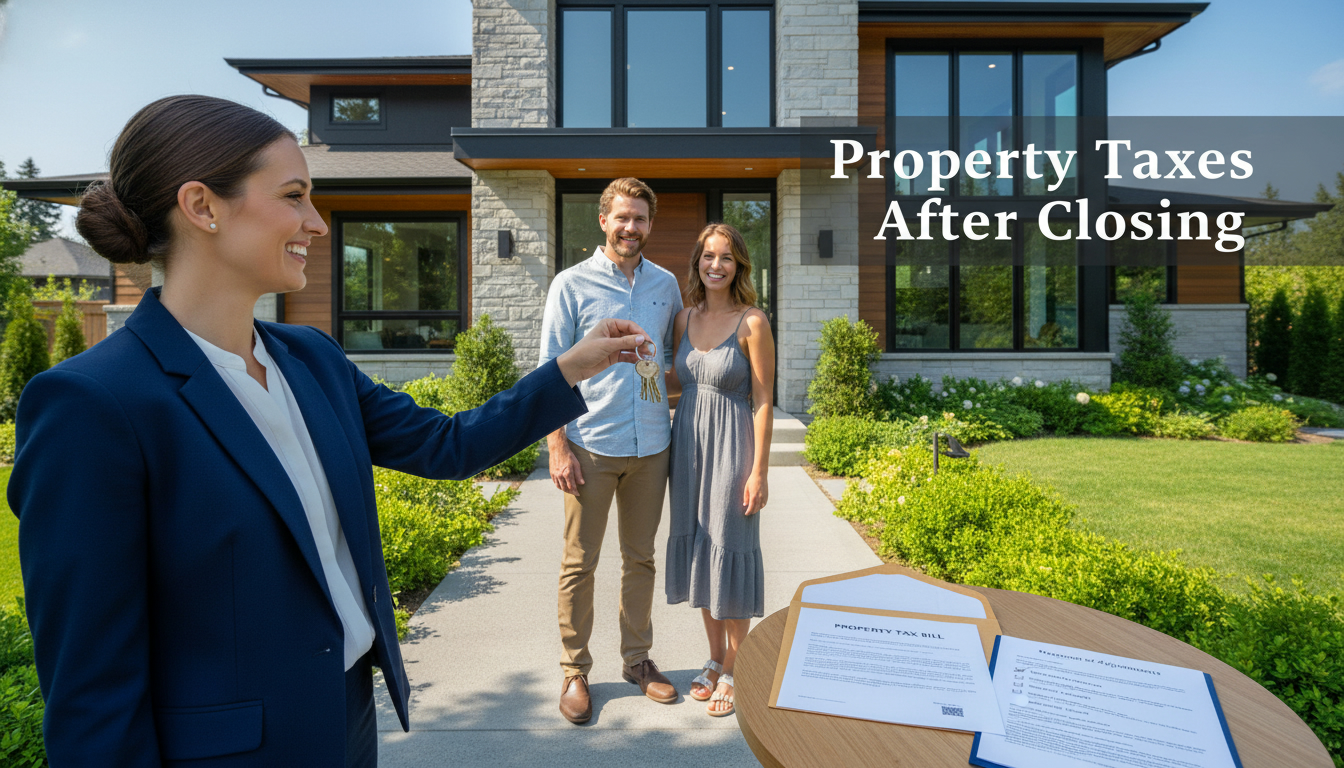 Realtor handing keys to new homeowners with property tax bill and closing checklist on table
