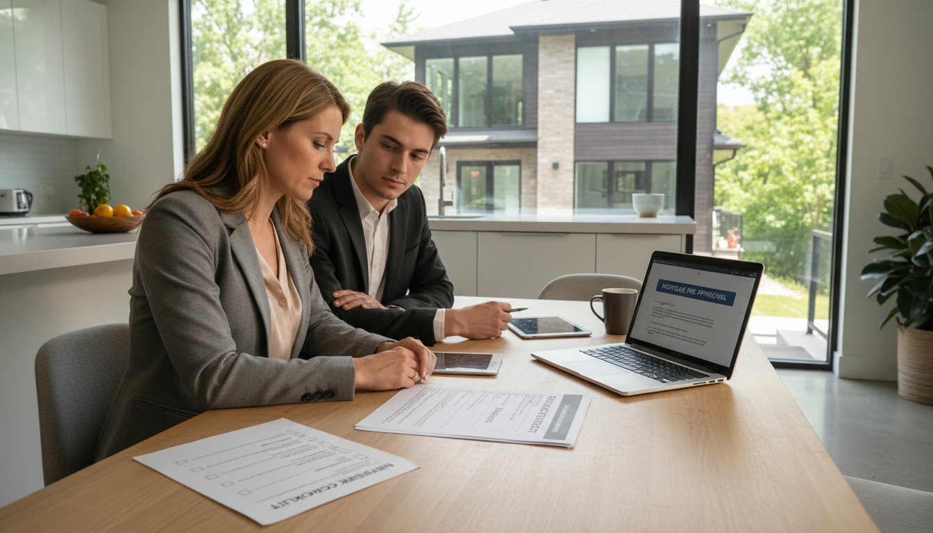 Realtor reviewing home inspection and financing conditions with buyers at a kitchen table