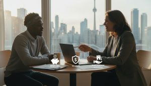 Realtor advising low-income first-time home buyers at kitchen table with documents and Toronto skyline