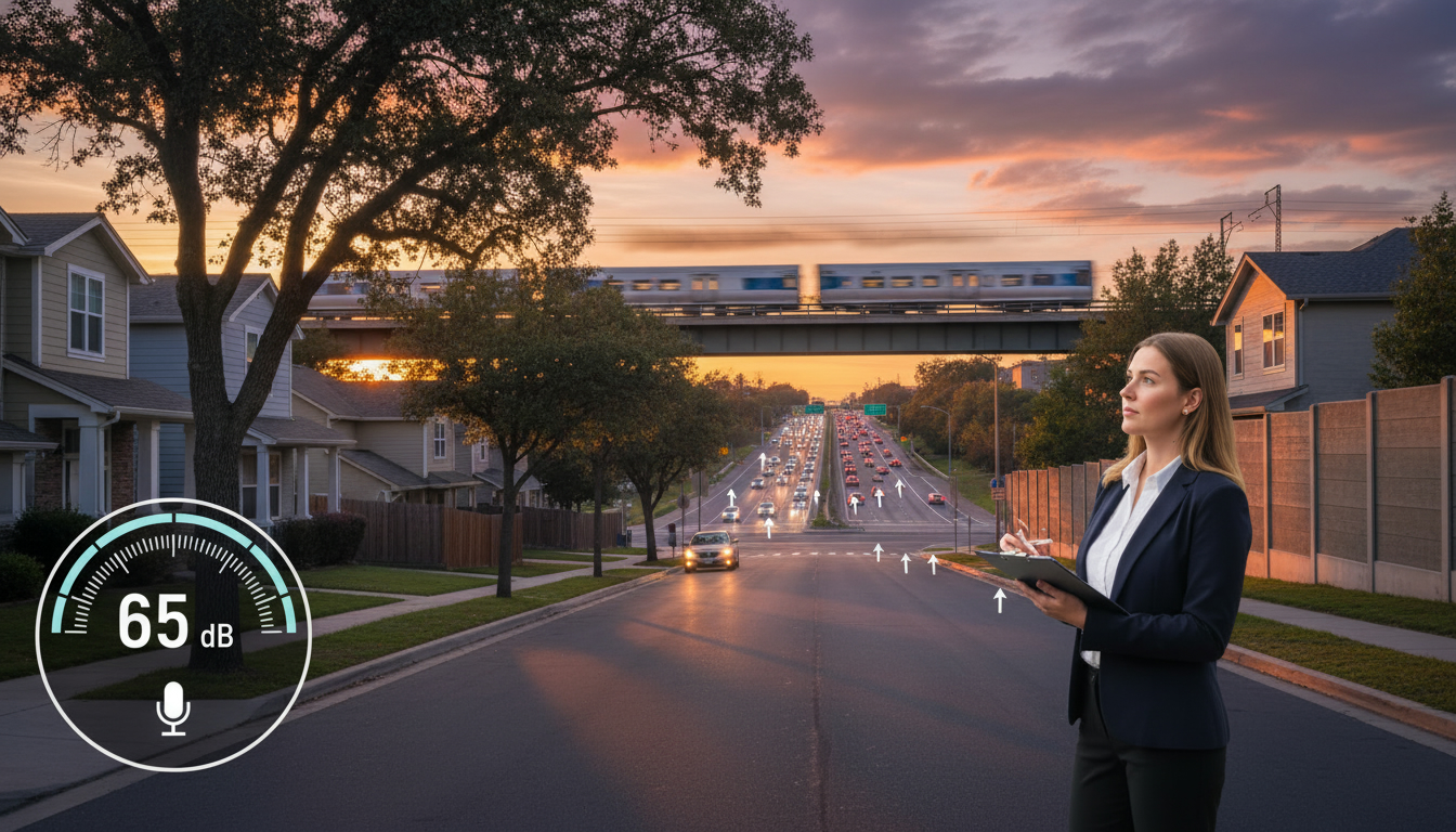 Realtor inspecting neighborhood with highway and train in background, decibel meter overlay