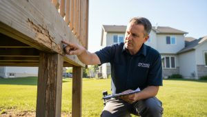 Pest inspector examining wooden deck and foundation of a suburban Ontario home for termite damage