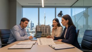 Real estate agent reviewing a condo status certificate with buyers in a modern office with Toronto skyline.