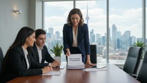 Real estate agent negotiating over a financing condition with clients, documents labeled 'Financing Condition' on table and Toronto skyline visible