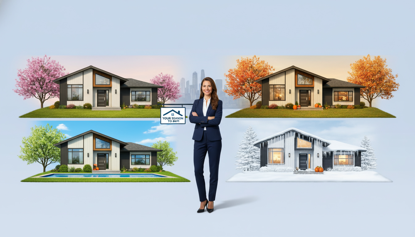 Local realtor in front of a house showing four seasons: spring, summer, fall, winter