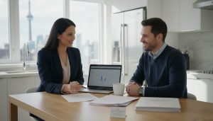 Real estate agent and client reviewing sales documents at a kitchen table in a modern home.