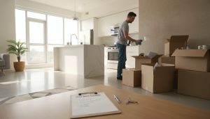 Person cleaning a modern apartment kitchen with moving boxes and a visible move-out cleaning checklist clipboard