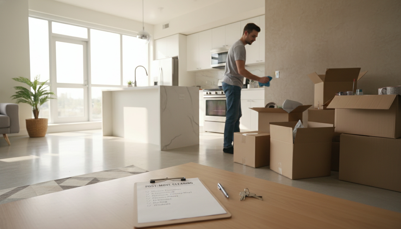 Person cleaning a modern apartment kitchen with moving boxes and a visible move-out cleaning checklist clipboard