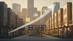 City neighborhood with for sale signs and upward arrows showing connection between jobs and housing demand