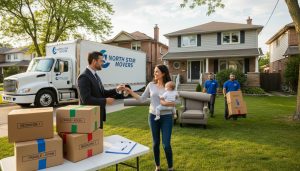 Organized moving day with truck, labeled boxes, checklist, realtor handing keys
