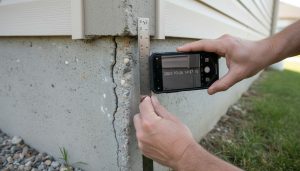 Home inspector measuring a foundation crack with a ruler while taking a photo