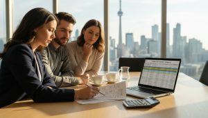 Realtor explaining an itemized closing costs sheet to clients with a calculator and laptop, Toronto skyline in background