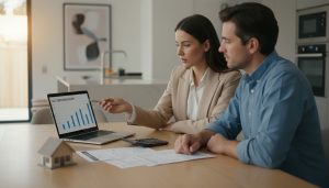 Realtor reviewing home selling expenses with homeowner at kitchen table with calculator and documents