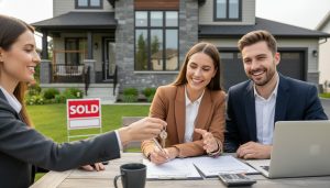 New homeowners signing closing documents with realtor in front of an Ontario house