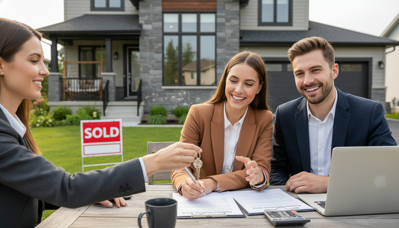 New homeowners signing closing documents with realtor in front of an Ontario house