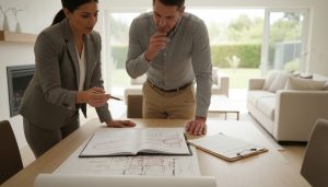 Realtor and buyer reviewing a home inspection report with highlighted problem areas and contractor estimates on a table.