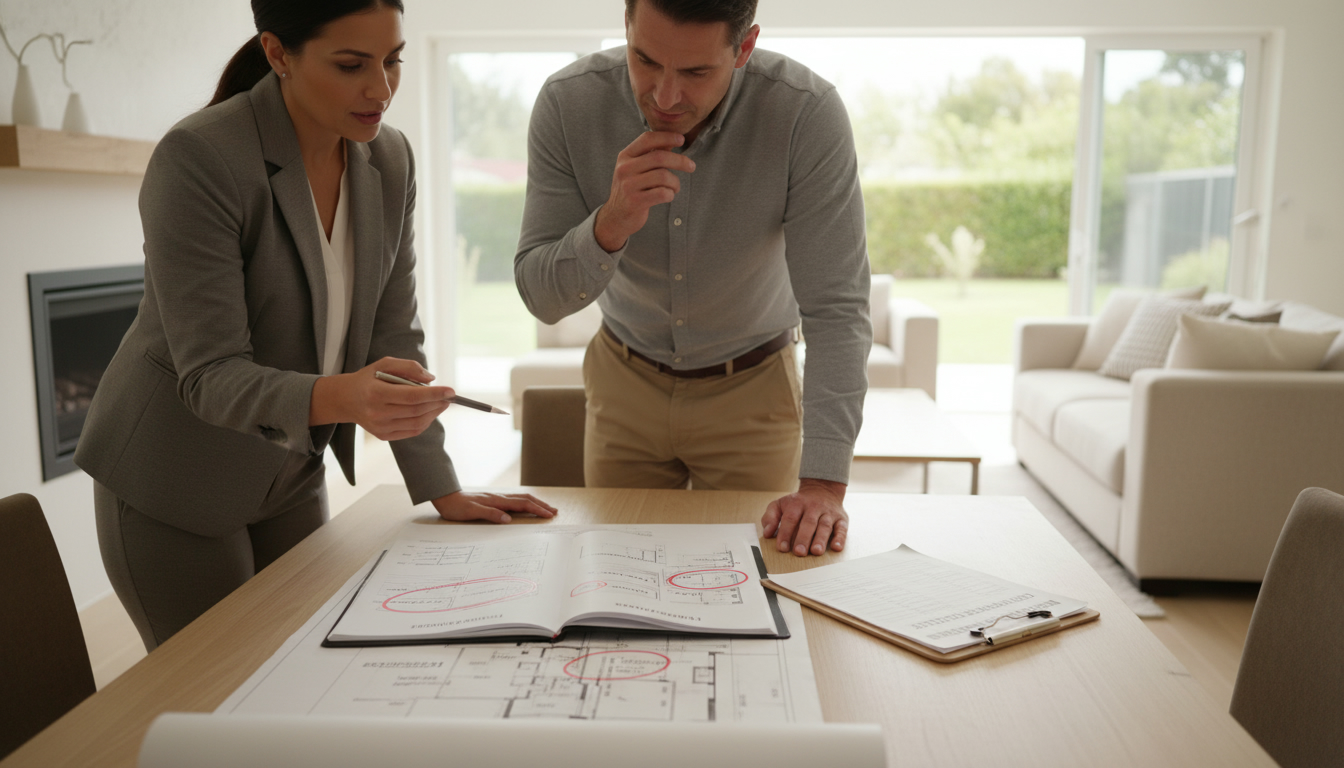 Realtor and buyer reviewing a home inspection report with highlighted problem areas and contractor estimates on a table.