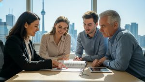 Realtor explaining mortgage paperwork to a young couple and potential co-signer at a desk with house keys.