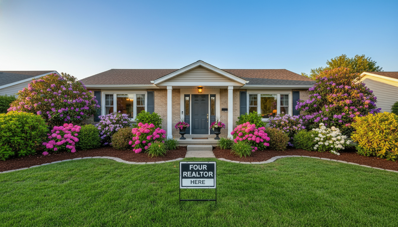 Suburban house with manicured lawn, fresh mulch, painted front door and a For Sale sign, at golden hour