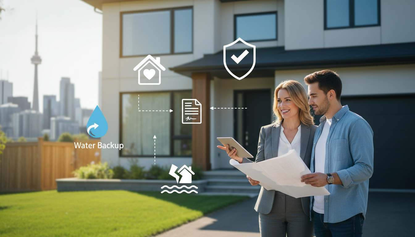 Realtor advising new homeowners about essential home insurance coverages with home and insurance icons