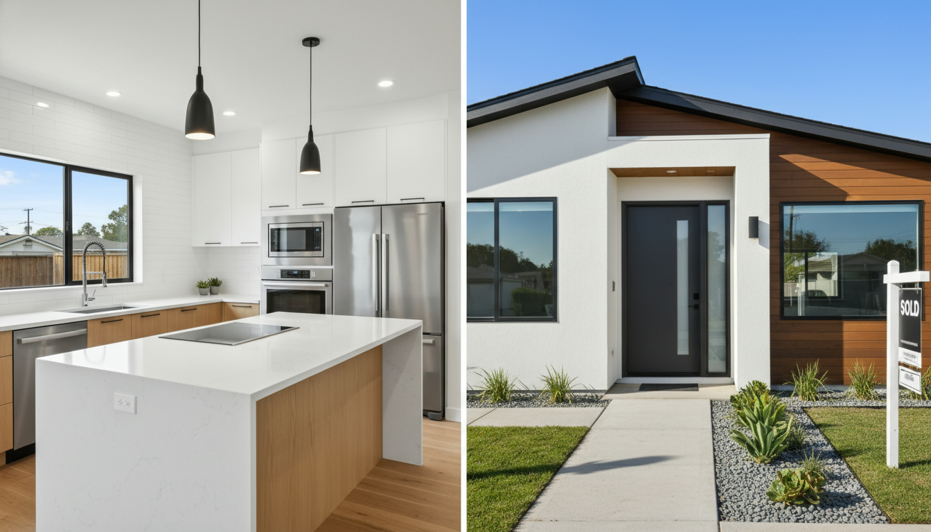 Split image: modern renovated kitchen and improved curb appeal with sold sign