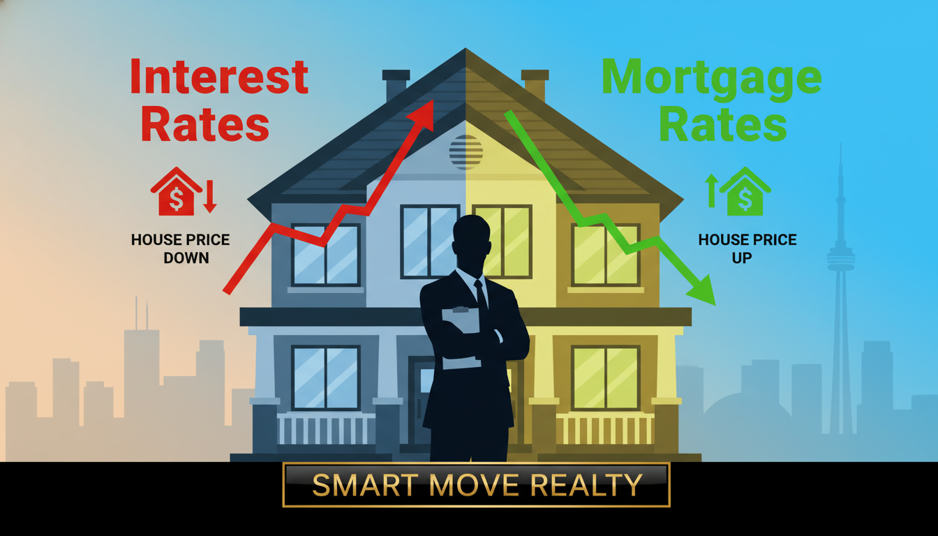 Split image showing house prices falling as interest rates rise, realtor with clipboard, financial chart overlay