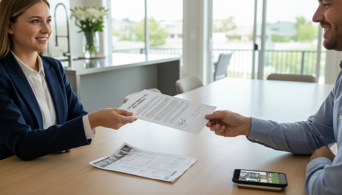 Real estate agent and homeowner reviewing a listing agreement contract at a kitchen table.