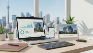 Real estate listing analytics dashboard on laptop showing views, unique users, and UTM sources