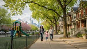 Family walking in a leafy Toronto neighborhood near a playground and houses with Toronto skyline in the distance