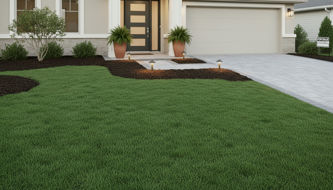 Staged suburban front yard with trimmed lawn, fresh mulch, matching planters, pathway lights, and a 'For Sale' sign.