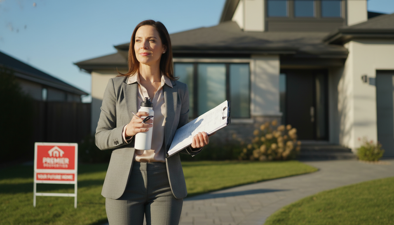 Realtor outside a home taking a short break between showings, clipboard and water bottle in hand, 'For Sale' sign visible.