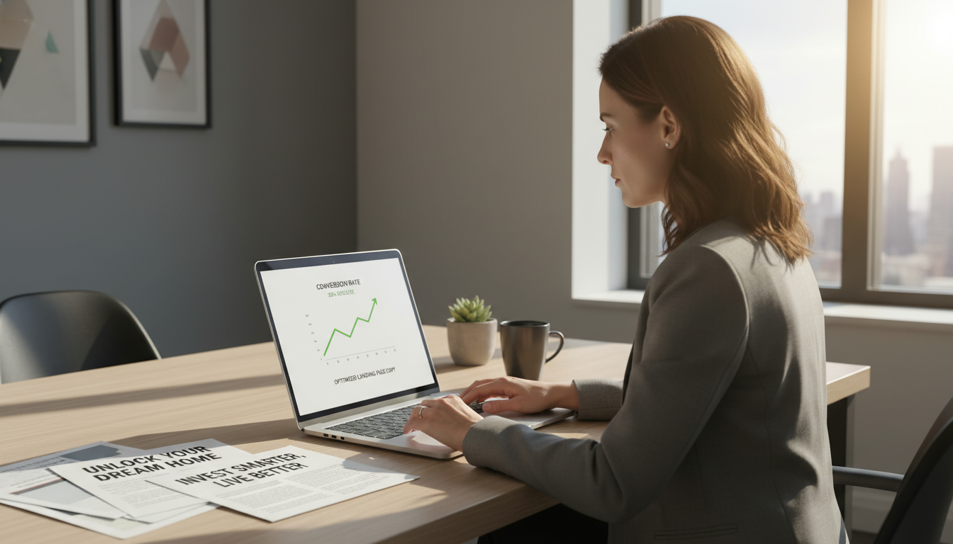 Realtor reviewing conversion-focused copy and rising conversion chart on laptop