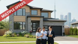 Real estate agent presenting multiple offers for an Ontario house with Toronto skyline in background