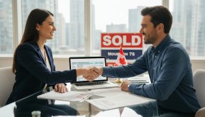 Realtor and homeowner reviewing house sale and CRA tax forms in a bright modern office with a sold sign and Canadian symbol.