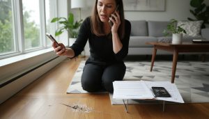Homeowner photographing damage to hardwood floor with real estate contract on table