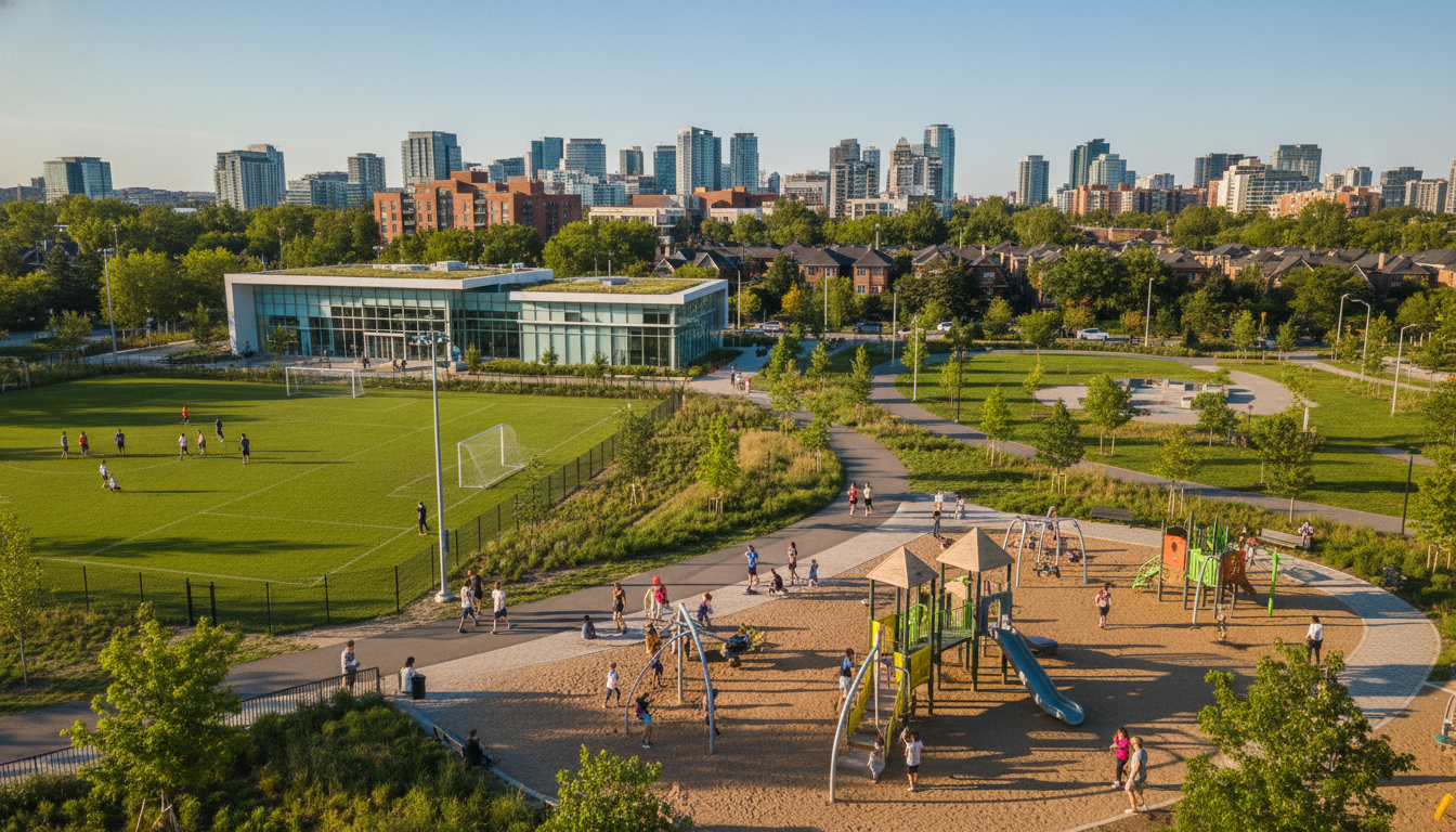 Urban neighbourhood park with playground, walking trail, sports field and community centre near homes.