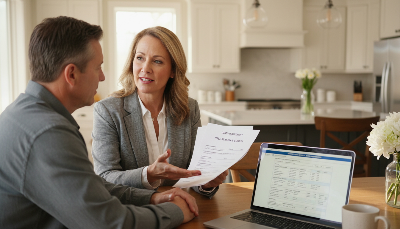 Realtor advising homeowner with mortgage documents and title search on laptop at kitchen table
