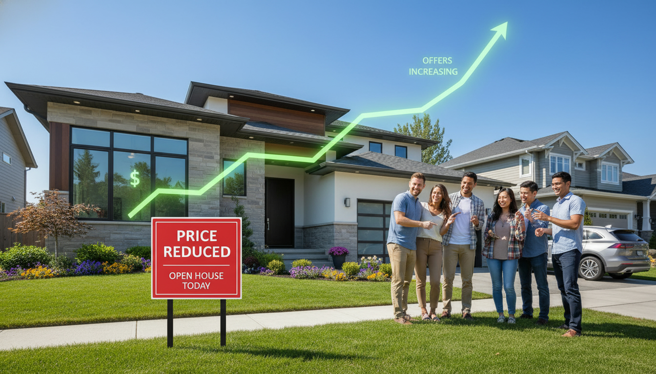 House with price reduced sign and crowd of buyers, symbolizing underpricing attracting buyers