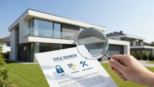 House with magnifying glass over title search document showing icons for lien, easement, and survey