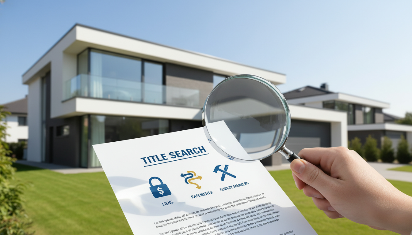 House with magnifying glass over title search document showing icons for lien, easement, and survey