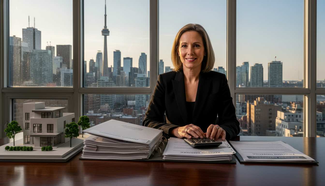Landlord reviewing insurance documents for rental property with calculator and small house model on table