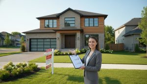 Real estate agent with clipboard in front of modern suburban home with sold sign