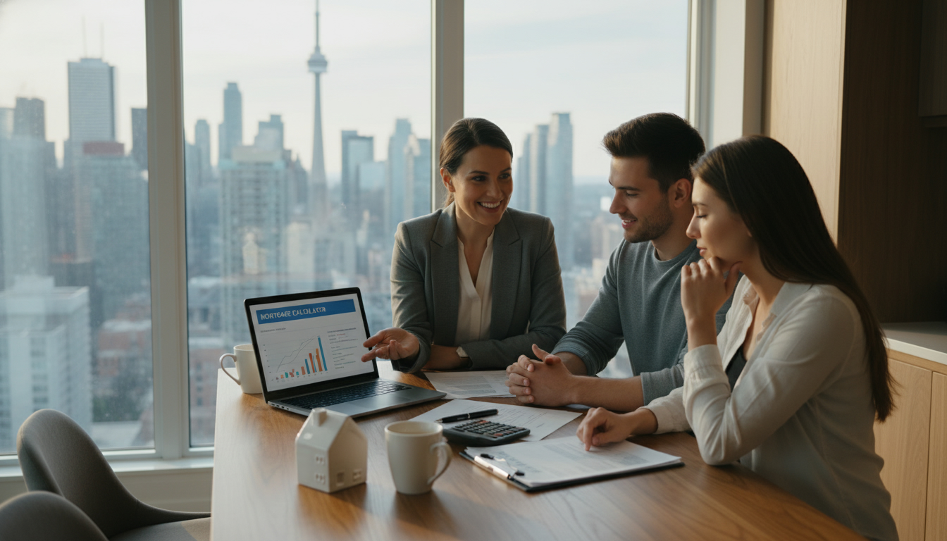 Realtor advising couple with mortgage documents, calculator and house model on table.