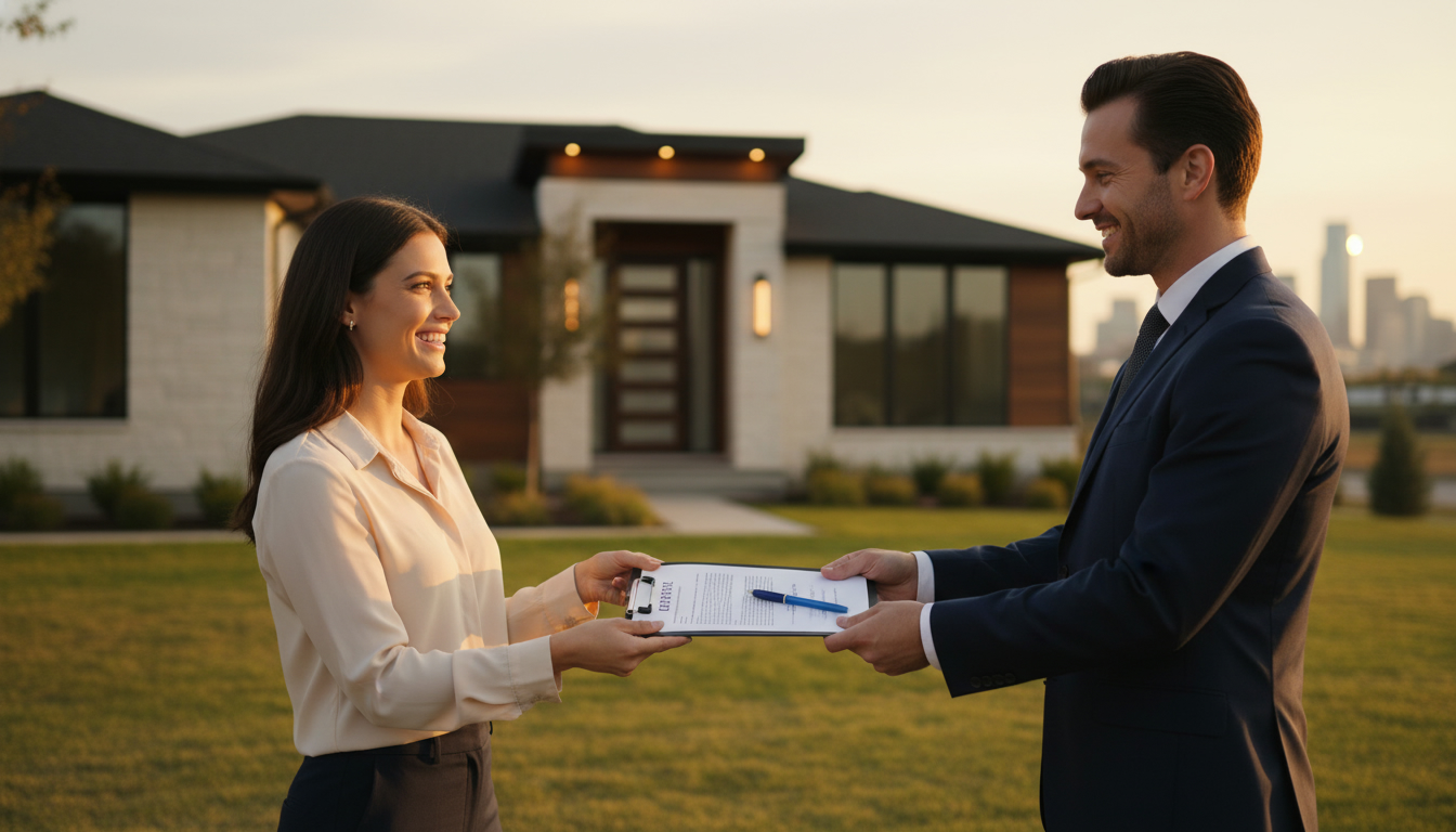 Real estate agent presenting a competitive offer packet to sellers outside a house.