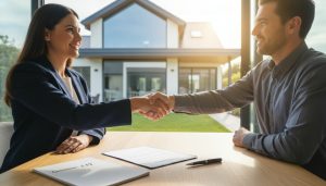 Realtor and homeowner shaking hands over signed real estate contract showing commission note