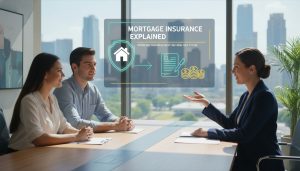 Realtor explaining mortgage insurance to buyers with contract and house infographic in background