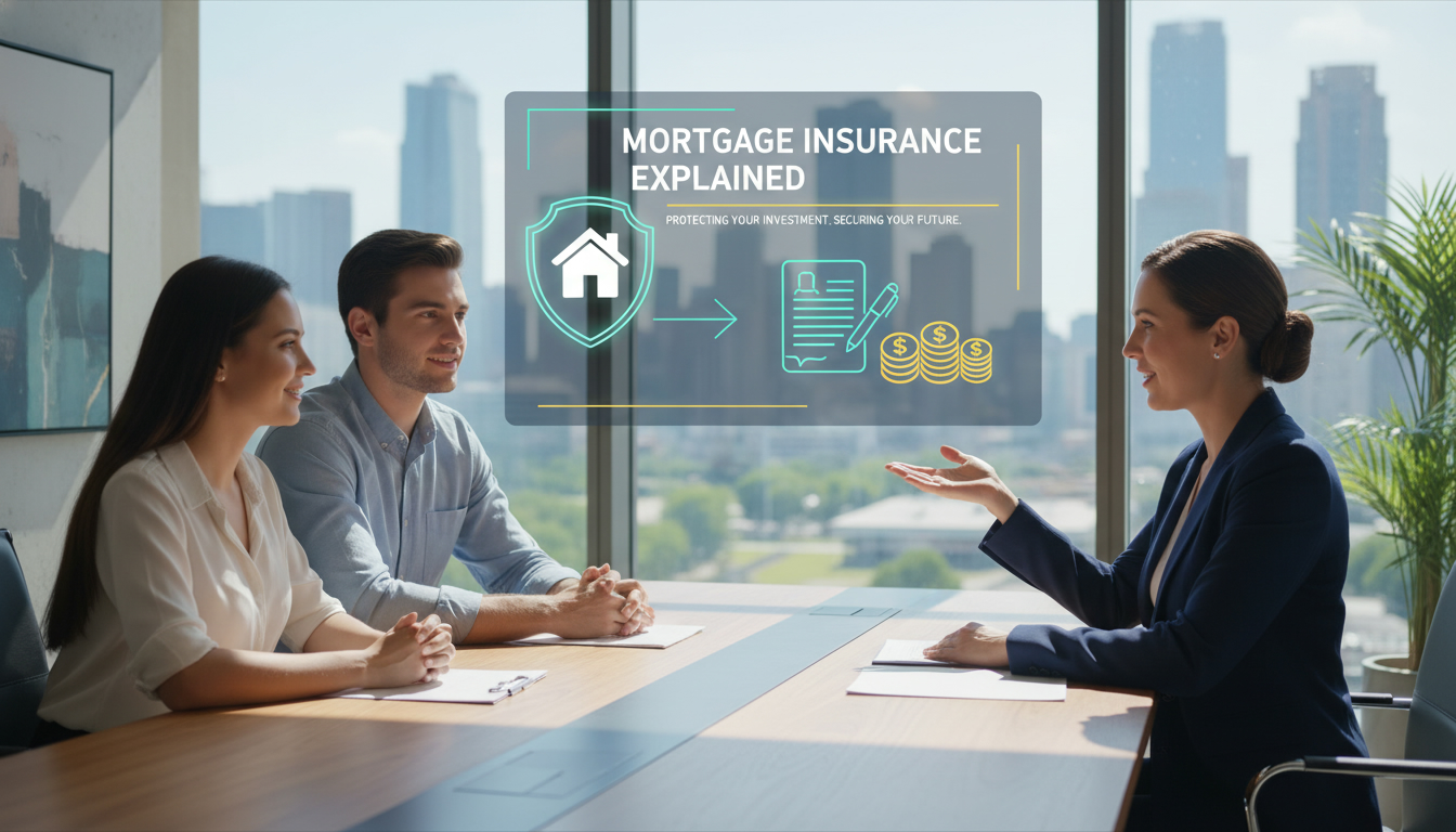 Realtor explaining mortgage insurance to buyers with contract and house infographic in background