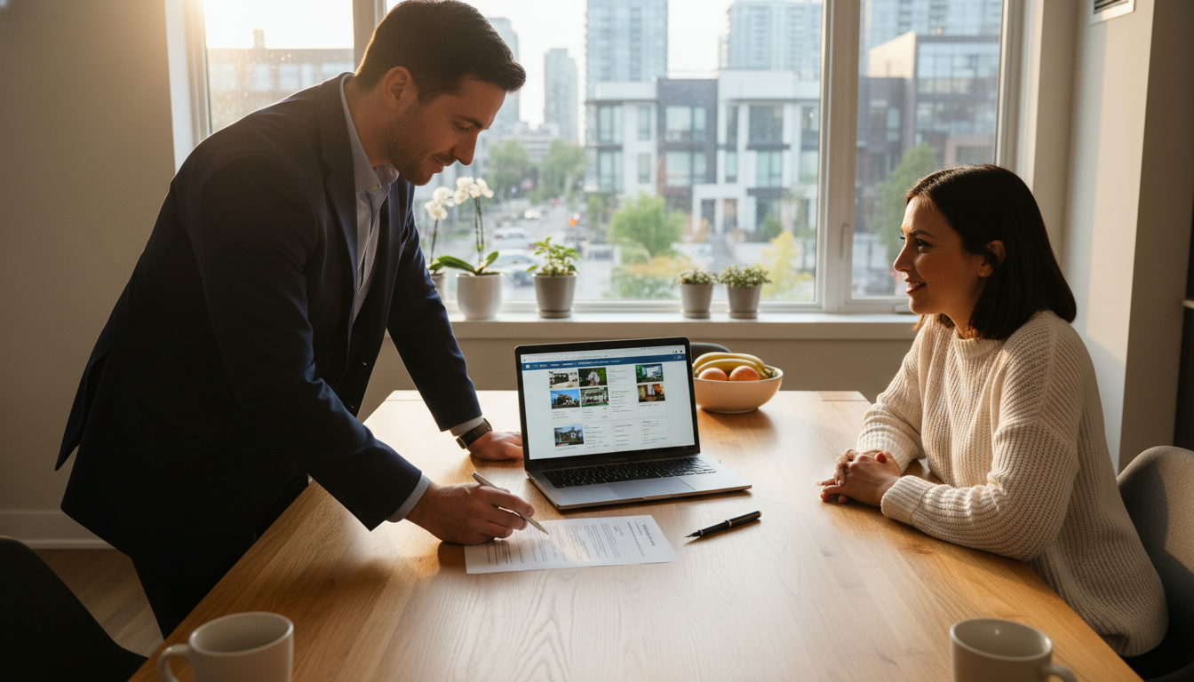 Realtor and homeowner reviewing a listing contract at a kitchen table with a laptop and pen.