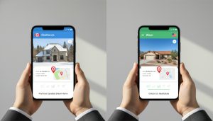 Split-screen image showing Realtor.ca on tablet and Zillow on smartphone with map pins and marketing icons.