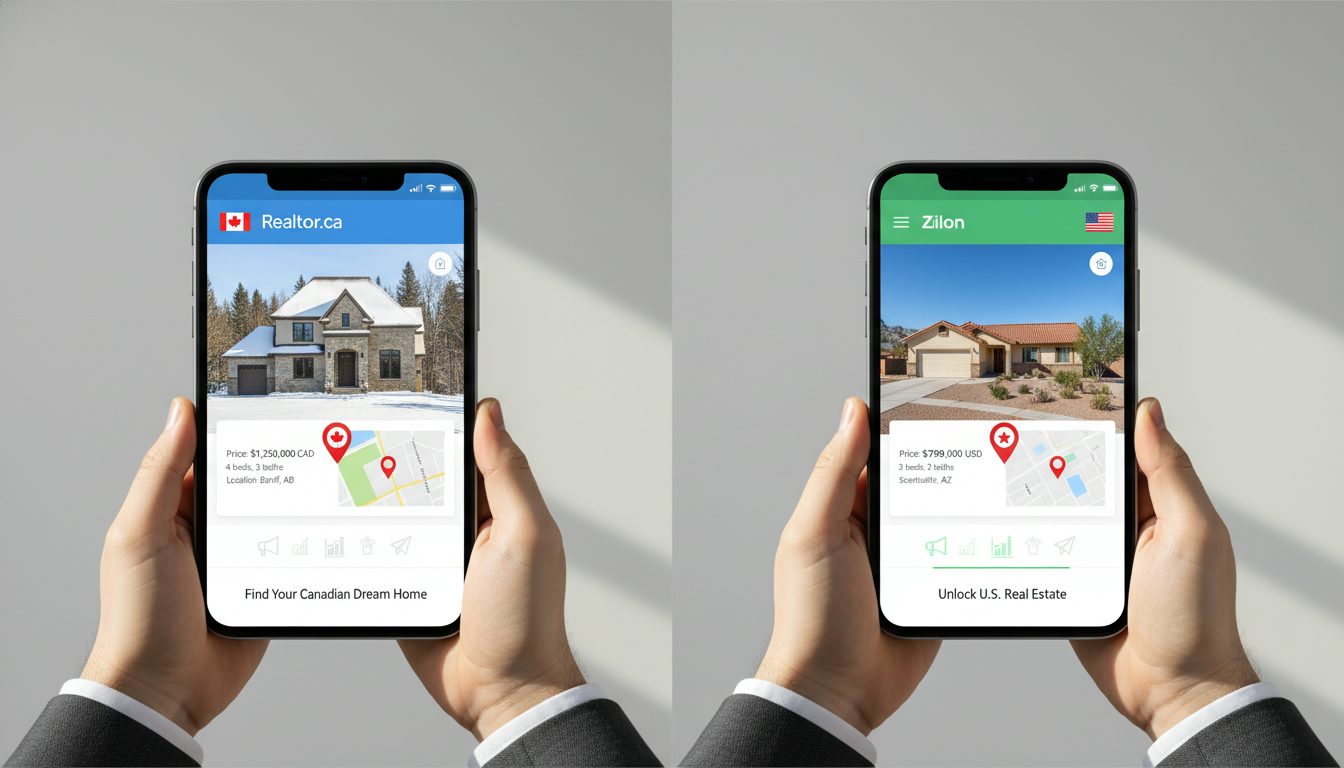 Split-screen image showing Realtor.ca on tablet and Zillow on smartphone with map pins and marketing icons.