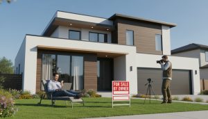 Homeowner listing house privately with 'For Sale By Owner' sign, laptop and photographer